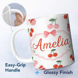 Personalized Custom Name Cute Cherry Fruit with Bow and Sprinkles Seamless Pattern Light Grey 11oz Ceramic Coffee Tea Mug White Large Handle