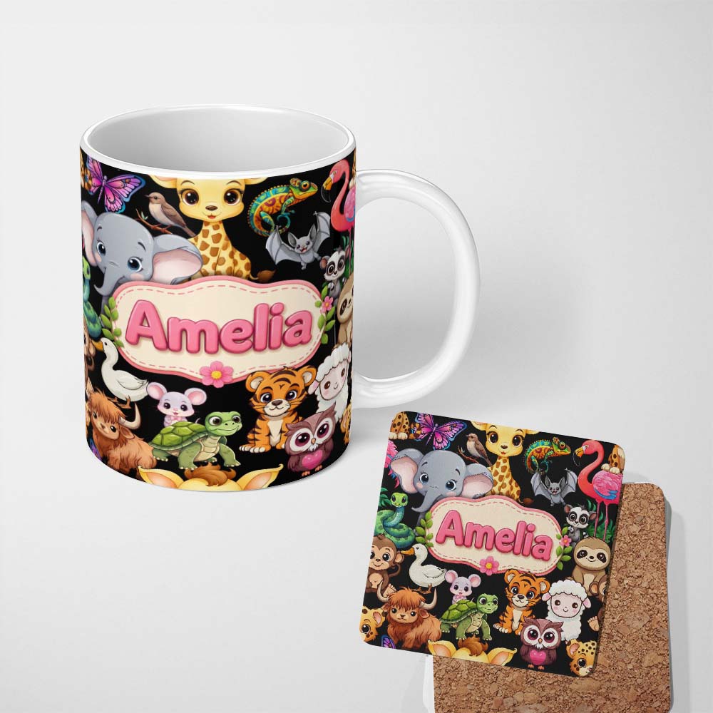 Personalized Custom Name Cute Cartoon Jungle Safari Animals Seamless Pattern on Black Lovely 11oz Ceramic Coffee Tea Mug White Large Handle