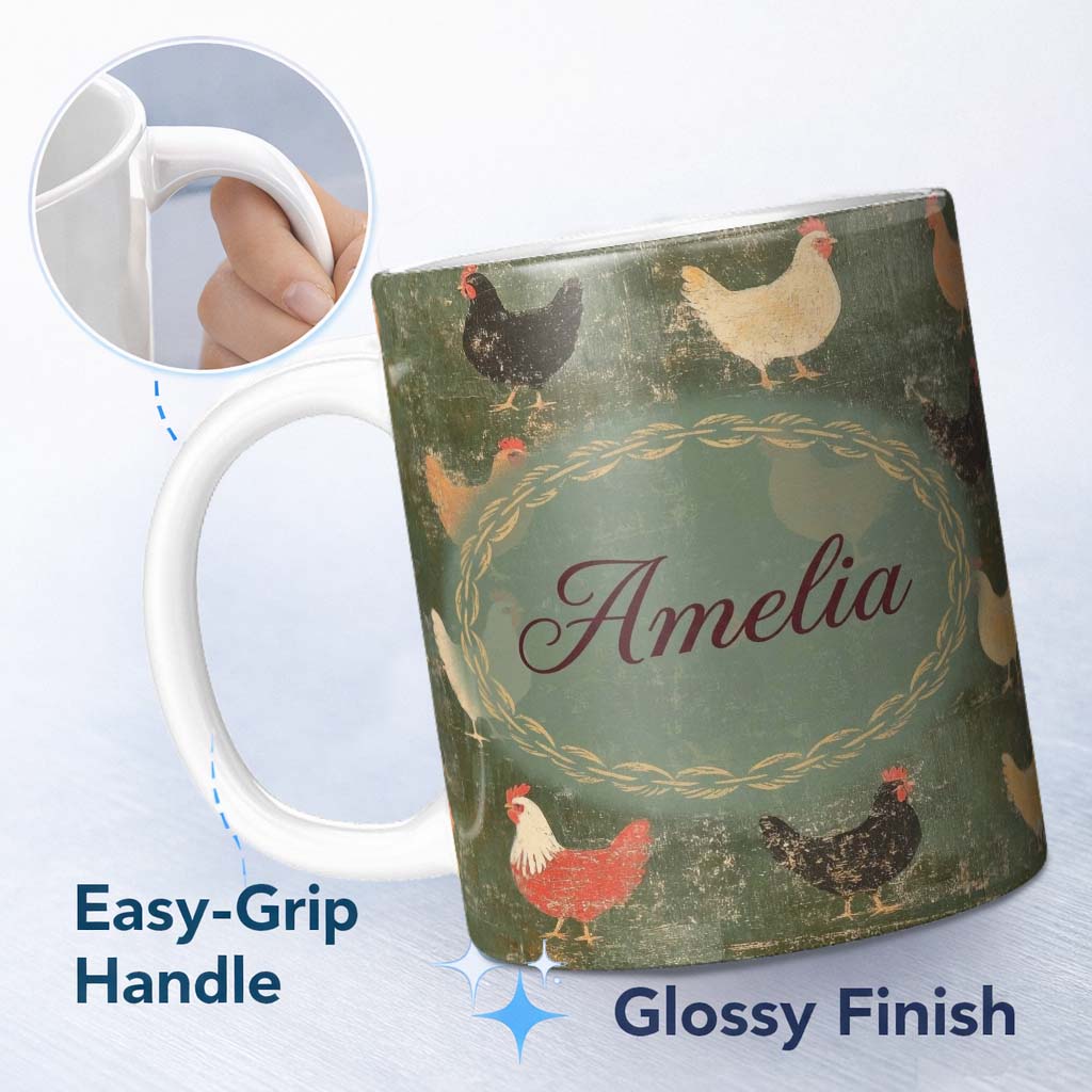 Personalized Custom Name Rustic Chicken Hen Farmyard on Distressed Green Background Seamless 11oz Ceramic Coffee Tea Mug White Large Handle