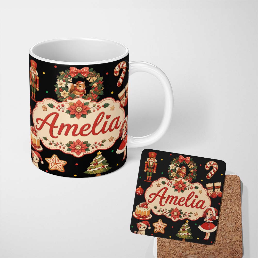 Personalized Custom Name Cute Christmas Nutcracker Squirrel Cake Candy Cane Girl Tree Black 11oz Ceramic Coffee Tea Mug White Large Handle