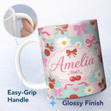 Personalized Custom Name Cute Cherry Bow Daisy Heart Seamless on Mint and Pink Gingham Lovely 11oz Ceramic Coffee Tea Mug White Large Handle