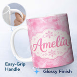 Personalized Custom Name Soft Pink Winter Snowflakes Dreamy Glow Seamless Pattern Lovely 11oz Ceramic Coffee Tea Mug White Large Handle