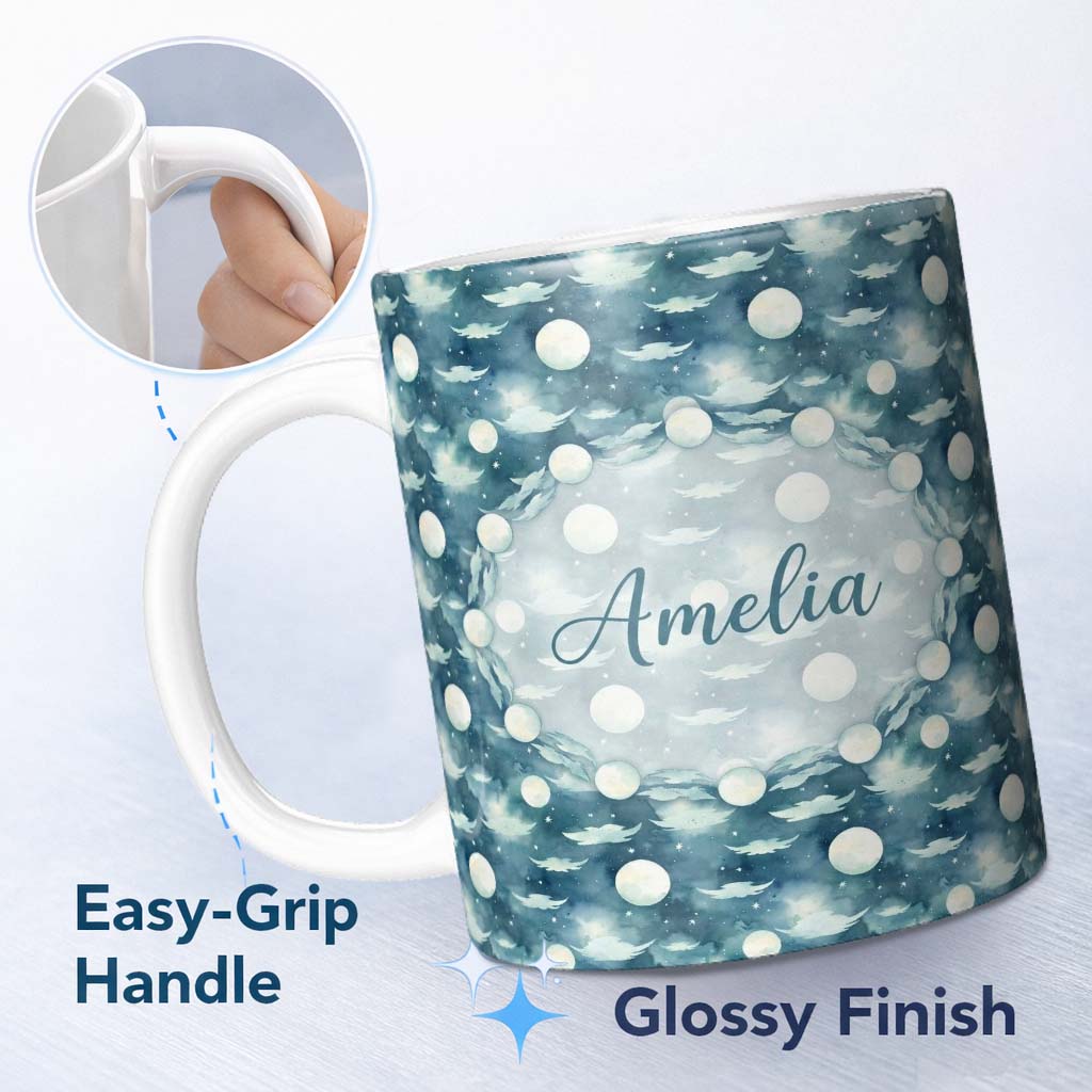 Personalized Custom Name Dreamy Night Sky Clouds and Full Moon Seamless Pattern Lovely 11oz Ceramic Coffee Tea Mug White Large Handle