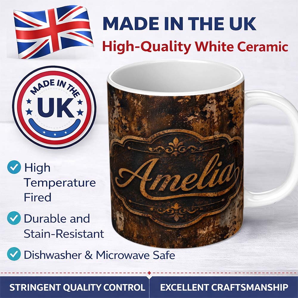 Personalized Custom Name Abstract Rust Splash Texture Seamless Pattern Industrial Artistic 11oz Ceramic Coffee Tea Mug White Large Handle