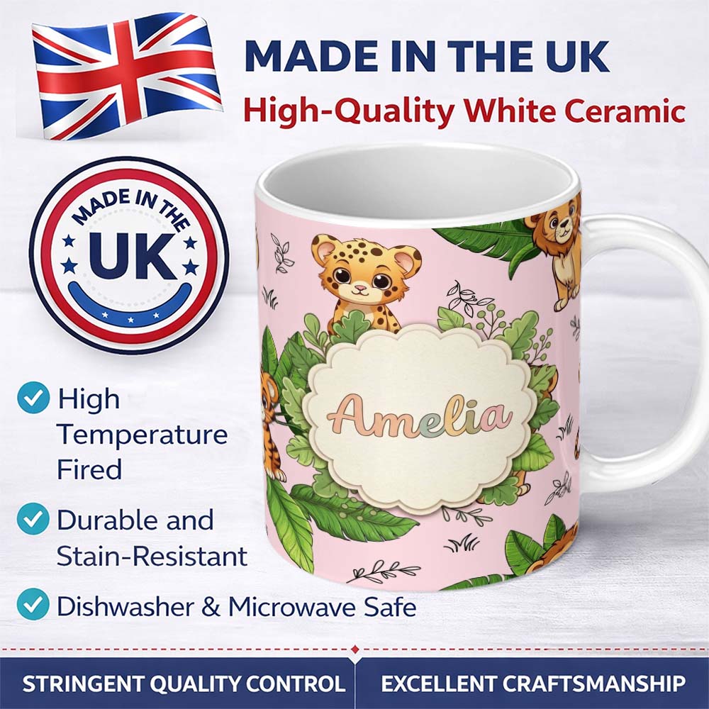 Personalized Custom Name Cute Jungle Animals Lion Tiger Leopard Soft Beige Background Lovely 11oz Ceramic Coffee Tea Mug White Large Handle