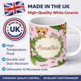 Personalized Custom Name Cute Jungle Animals Lion Tiger Leopard Soft Beige Background Lovely 11oz Ceramic Coffee Tea Mug White Large Handle