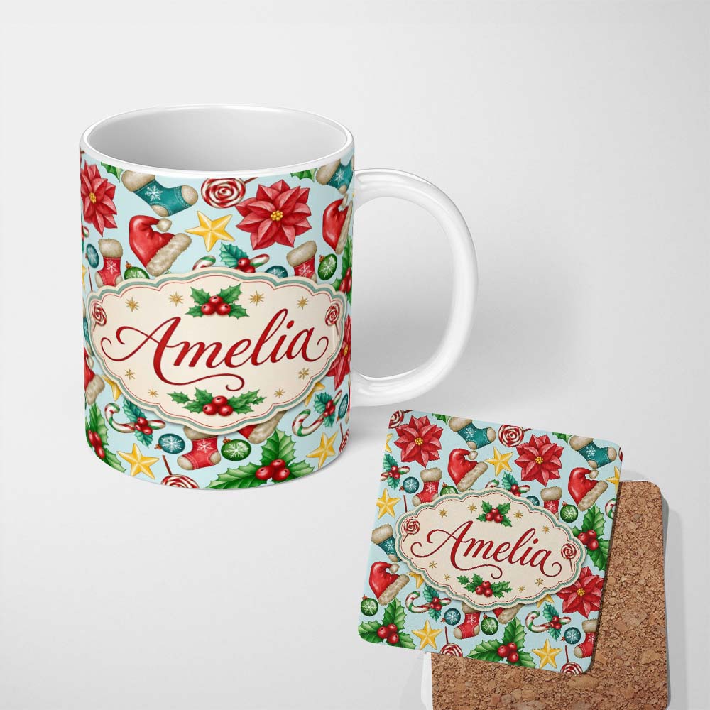 Personalized Custom Name Bright Christmas Poinsettia Candy Cane Holly Festive Seamless Lovely 11oz Ceramic Coffee Tea Mug White Large Handle