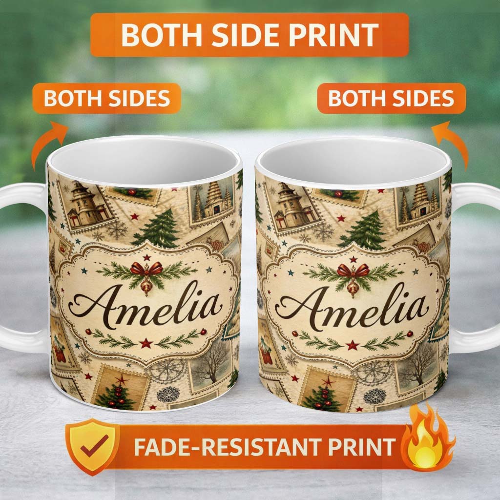 Personalized Custom Name Vintage Christmas Stamps with Trees Snowflakes and Festive Scenes 11oz Ceramic Coffee Tea Mug White Large Handle