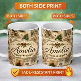 Personalized Custom Name Vintage Christmas Stamps with Trees Snowflakes and Festive Scenes 11oz Ceramic Coffee Tea Mug White Large Handle