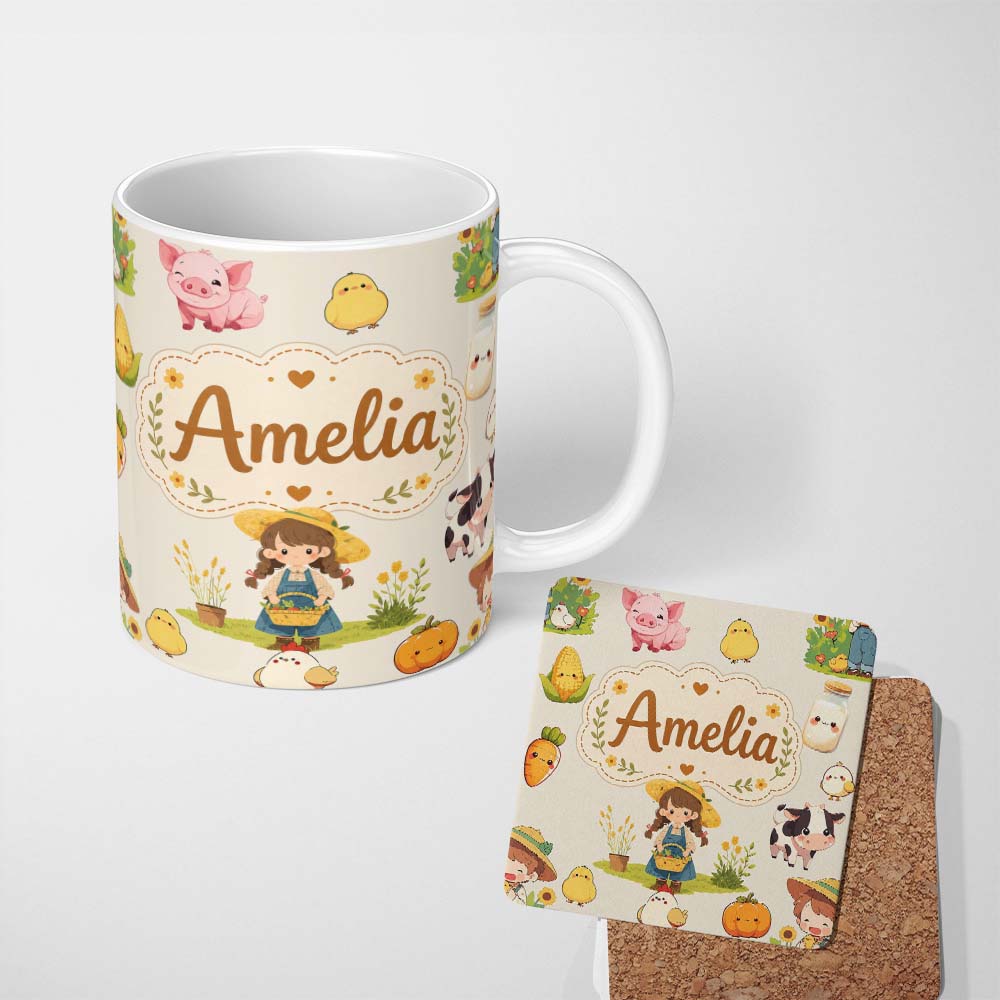 Personalized Custom Name Cute Farm Girl Animals Harvest Seamless Pattern Cream Background 11oz Ceramic Coffee Tea Mug White Large Handle