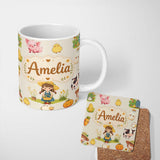 Personalized Custom Name Cute Farm Girl Animals Harvest Seamless Pattern Cream Background 11oz Ceramic Coffee Tea Mug White Large Handle