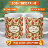 Personalized Custom Name Classic Red Floral Stripe Pattern with Soft Cream Flowers on Beige 11oz Ceramic Coffee Tea Mug White Large Handle