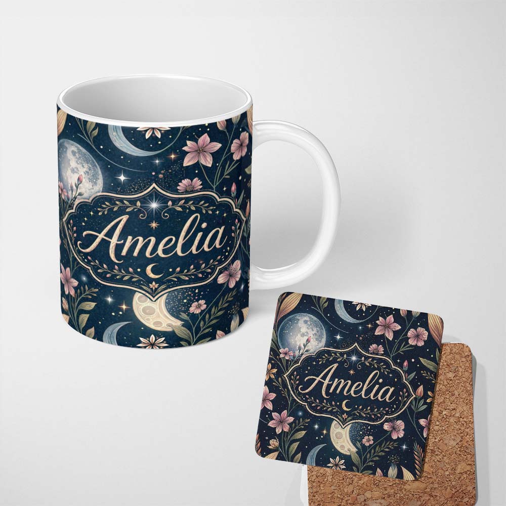 Personalized Custom Name Pink Floral Moon Stars Celestial Night Seamless Pattern Lovely 11oz Ceramic Coffee Tea Mug White Large Handle