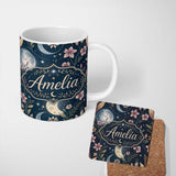 Personalized Custom Name Pink Floral Moon Stars Celestial Night Seamless Pattern Lovely 11oz Ceramic Coffee Tea Mug White Large Handle