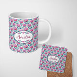 Personalized Custom Name Bright Pink Protea Flowers with Blue Green Leaves Seamless Pattern 11oz Ceramic Coffee Tea Mug White Large Handle