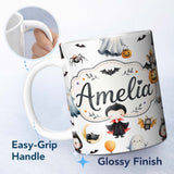 Personalized Custom Name Halloween Vampire Ghost Bats Spooky Characters Light Grey Seamless 11oz Ceramic Coffee Tea Mug White Large Handle