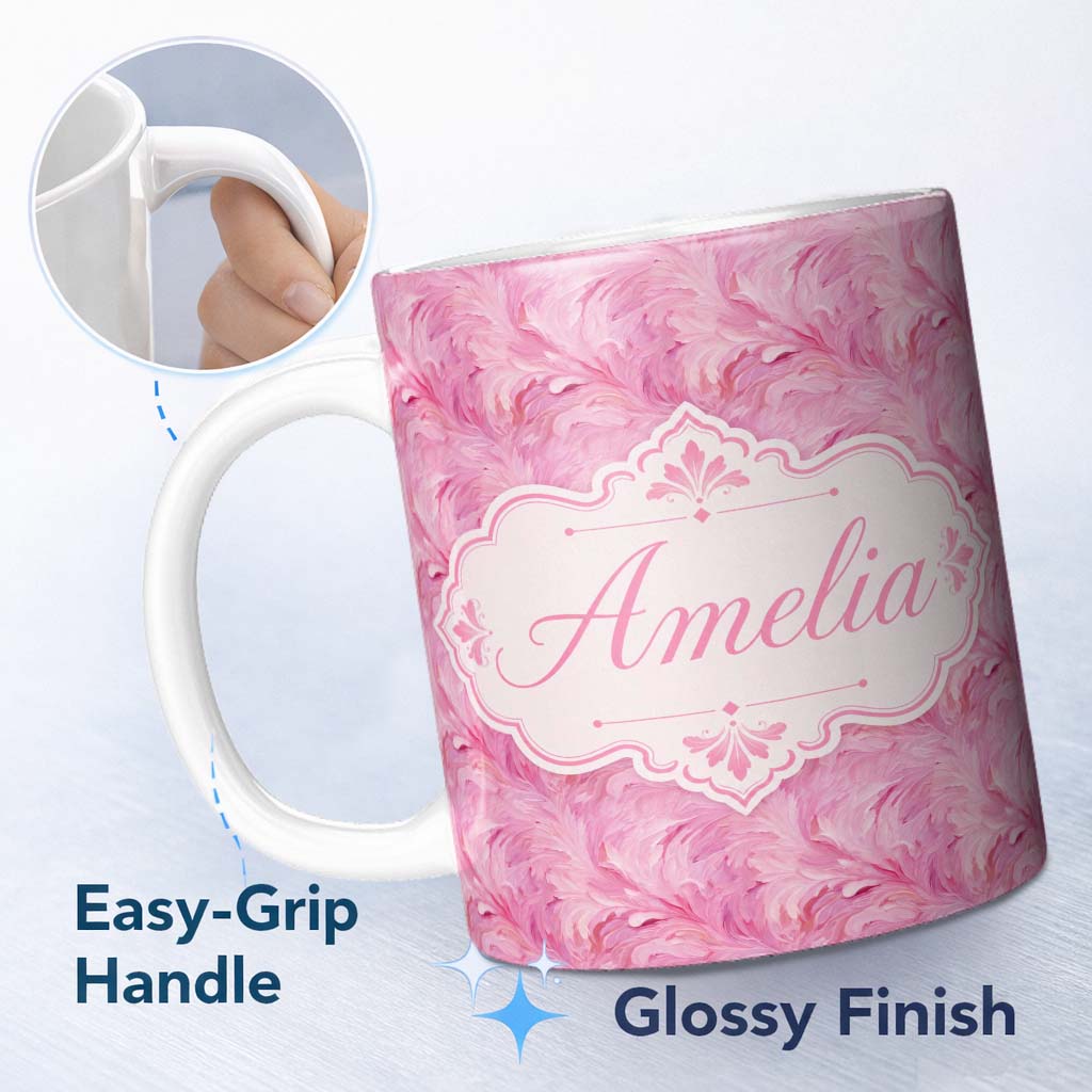 Personalized Custom Name Abstract Pink Feather Swirl Pattern with Soft Flowing Texture Lovely 11oz Ceramic Coffee Tea Mug White Large Handle
