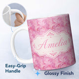 Personalized Custom Name Abstract Pink Feather Swirl Pattern with Soft Flowing Texture Lovely 11oz Ceramic Coffee Tea Mug White Large Handle
