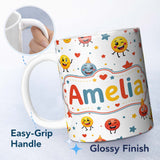 Personalized Custom Name Cute Smiling Emoji Faces Party Hats Stars Seamless Pattern Lovely 11oz Ceramic Coffee Tea Mug White Large Handle