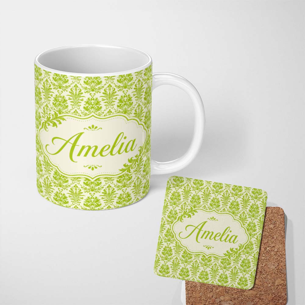 Personalized Custom Name Ornate Green Damask Style Pattern on Light Background Seamless 11oz Ceramic Coffee Tea Mug White Large Handle