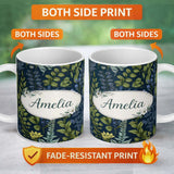Personalized Custom Name Elegant Botanical Leaves Blue Green Floral Seamless Pattern Lovely 11oz Ceramic Coffee Tea Mug White Large Handle