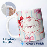 Personalized Custom Name Watercolor Ribbon Bow Seamless Pattern on Blue Stripe Background 11oz Ceramic Coffee Tea Mug White Large Handle