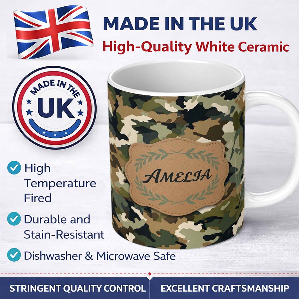 Personalized Custom Name Soft Olive Mixed Camouflage Seamless Pattern Perfect Gift for Her 11oz Ceramic Coffee Tea Mug White Large Handle