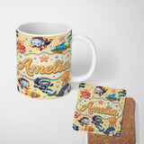 Personalized Custom Name Kids Scuba Divers Submarine Jellyfish Ocean Animals Warm Beige 11oz Ceramic Coffee Tea Mug White Large Handle