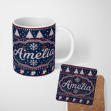 Personalized Custom Name Winter Knit Reindeer Mountain Pattern Blue White Snow Nordic Lovely 11oz Ceramic Coffee Tea Mug White Large Handle