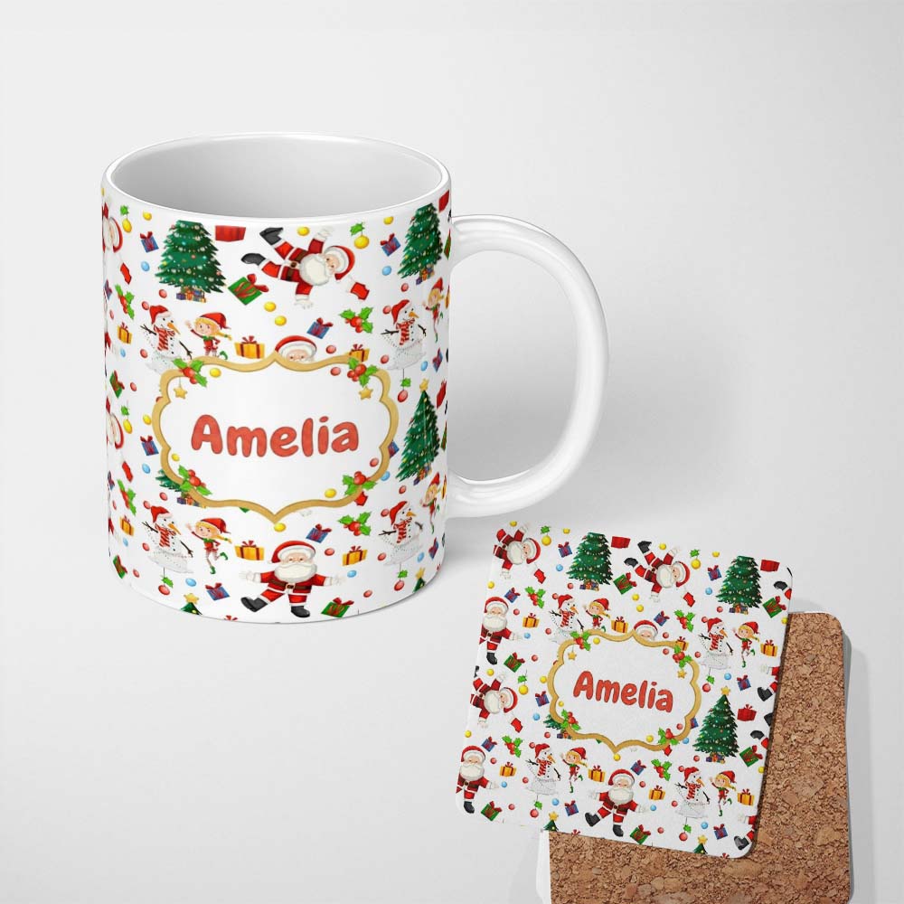 Personalized Custom Name Santa Snowman Christmas Tree Gift Seamless Pattern Design Holiday 11oz Ceramic Coffee Tea Mug White Large Handle