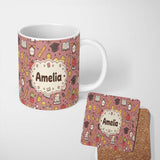 Personalized Custom Name Cute Kawaii School Supplies And Study Seamless Pattern Peach Lovely 11oz Ceramic Coffee Tea Mug White Large Handle