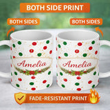 Personalized Custom Name Red and Green Polka Dots with Gold Splatter Seamless Pattern Lovely 11oz Ceramic Coffee Tea Mug White Large Handle