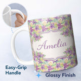 Personalized Custom Name Pastel Watercolor Leaves Soft Botanical Seamless Pattern Lovely 11oz Ceramic Coffee Tea Mug White Large Handle