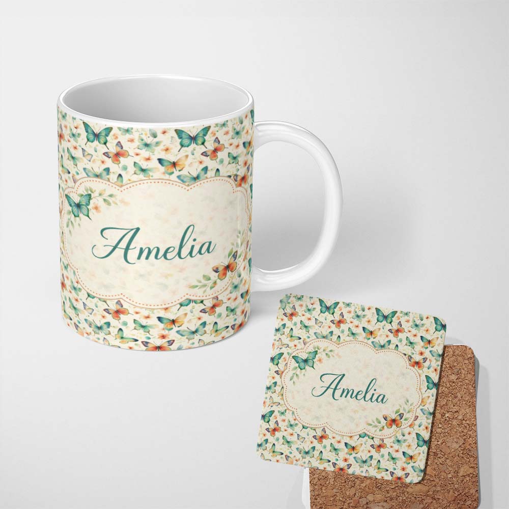 Personalized Custom Name Delicate Vintage Butterflies with Soft Floral Touch Seamless Pattern 11oz Ceramic Coffee Tea Mug White Large Handle