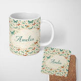 Personalized Custom Name Delicate Vintage Butterflies with Soft Floral Touch Seamless Pattern 11oz Ceramic Coffee Tea Mug White Large Handle