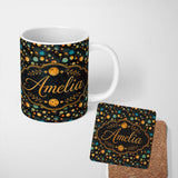 Personalized Custom Name Abstract Galaxy Circles Seamless Pattern Cosmic Space Design Lovely 11oz Ceramic Coffee Tea Mug White Large Handle