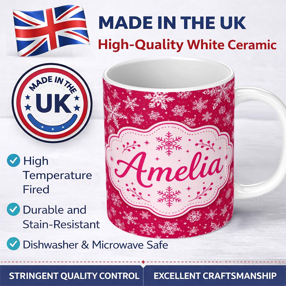 Personalized Custom Name Elegant White Snowflake Red Background Winter Seamless Pattern 11oz Ceramic Coffee Tea Mug White Large Handle
