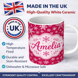 Personalized Custom Name Elegant White Snowflake Red Background Winter Seamless Pattern 11oz Ceramic Coffee Tea Mug White Large Handle