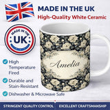 Personalized Custom Name Vintage Cream Rose Botanical Dark Background Seamless Pattern Lovely 11oz Ceramic Coffee Tea Mug White Large Handle