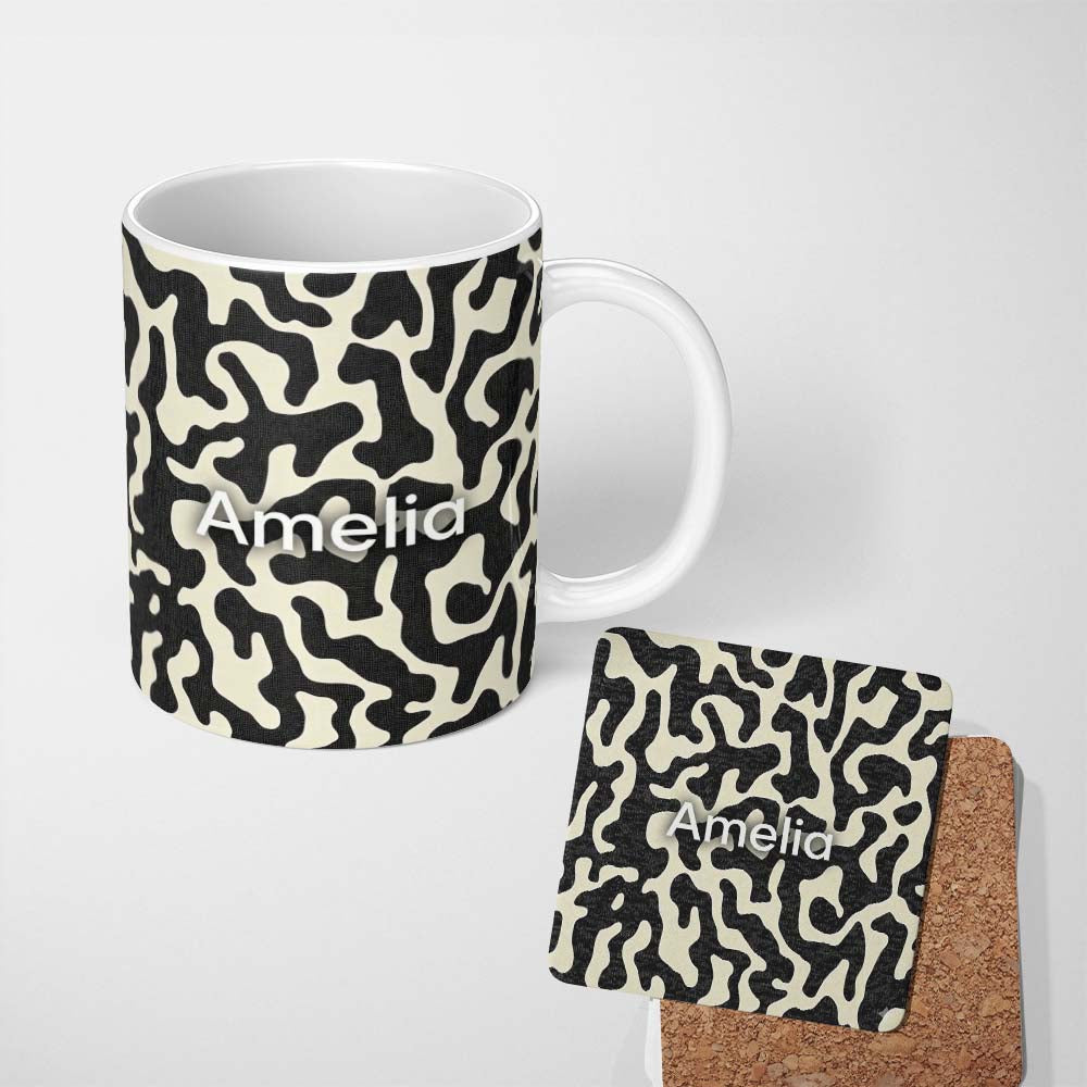 Personalized Custom Name Concentric Circles & Stripes Black Cream Abstract Pattern Lovely 11oz Ceramic Coffee Tea Mug White Large Handle