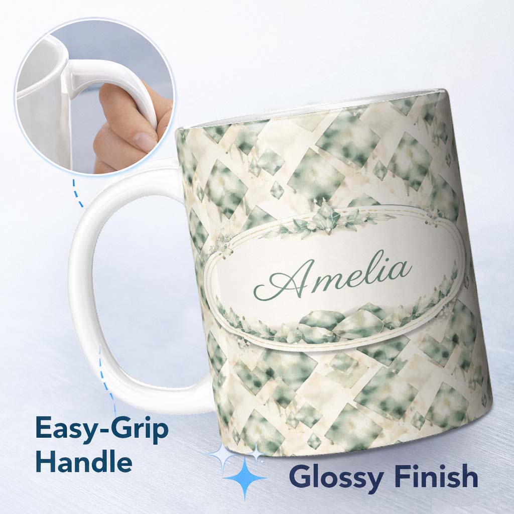 Personalized Custom Name Watercolor Crystal Gemstone Soft Beige Background Mineral Lovely 11oz Ceramic Coffee Tea Mug White Large Handle