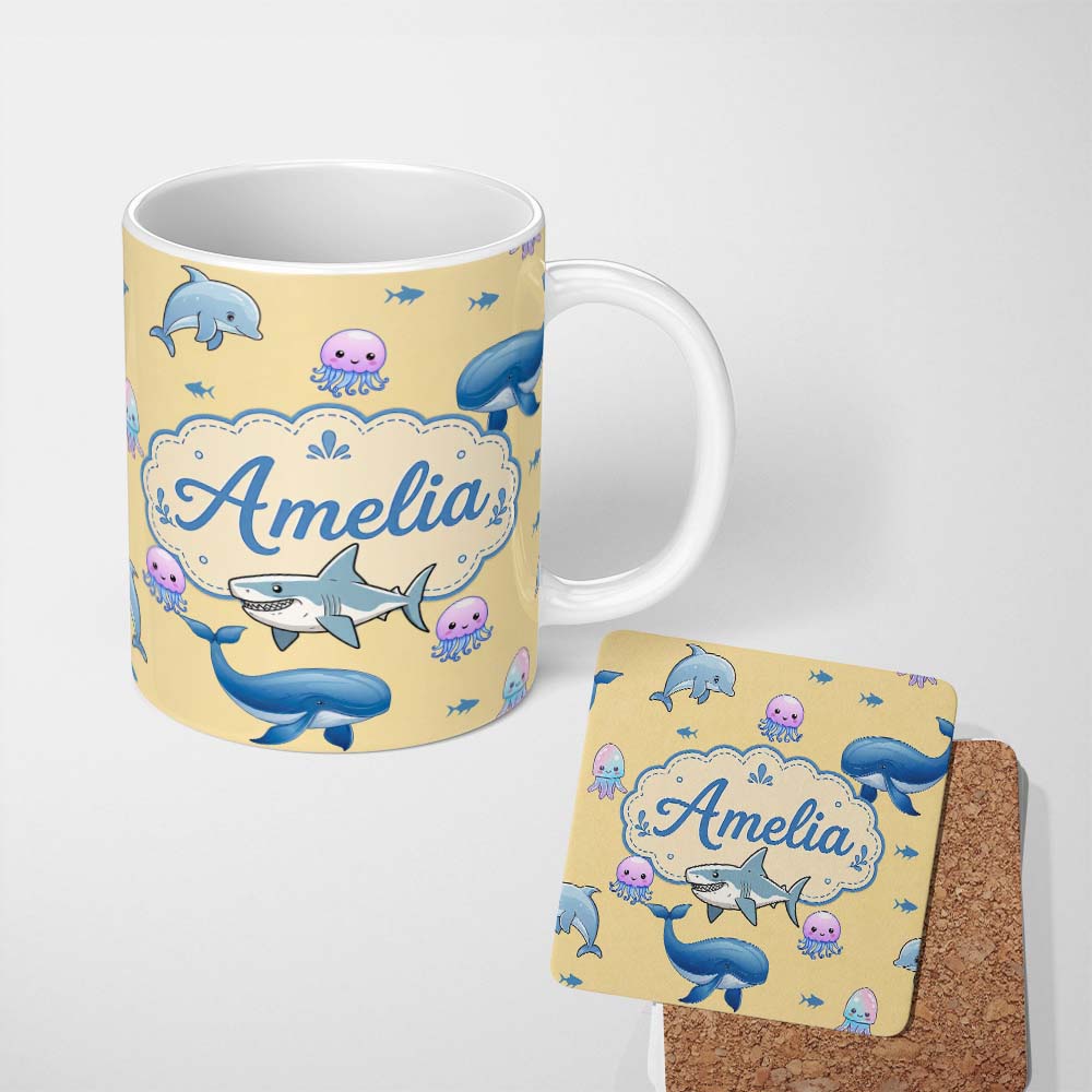 Personalized Custom Name Cute Dolphin Shark and Jellyfish Ocean Animals Warm Yellow Lovely 11oz Ceramic Coffee Tea Mug White Large Handle