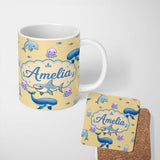 Personalized Custom Name Cute Dolphin Shark and Jellyfish Ocean Animals Warm Yellow Lovely 11oz Ceramic Coffee Tea Mug White Large Handle