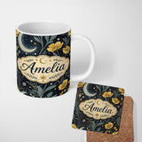 Personalized Custom Name Golden Floral Crescent Moon Night Garden Seamless Pattern Lovely 11oz Ceramic Coffee Tea Mug White Large Handle