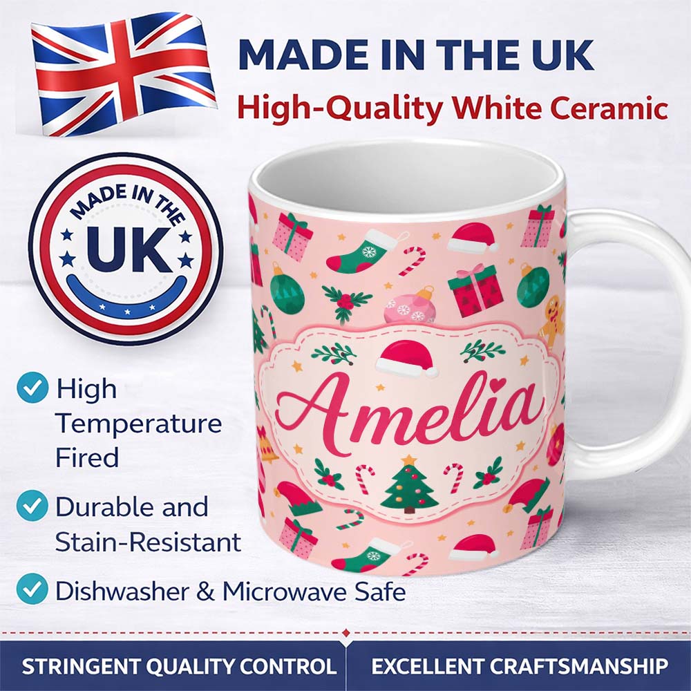 Personalized Custom Name Cute Gingerbread Candy Cane Bauble Tree Seamless Pattern Lovely 11oz Ceramic Coffee Tea Mug White Large Handle