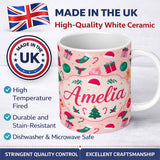 Personalized Custom Name Cute Gingerbread Candy Cane Bauble Tree Seamless Pattern Lovely 11oz Ceramic Coffee Tea Mug White Large Handle