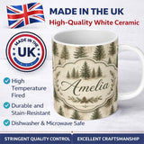 Personalized Custom Name Rustic Evergreen Trees Vintage Wood Texture Seamless Pattern Lovely 11oz Ceramic Coffee Tea Mug White Large Handle