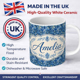Personalized Custom Name Abstract Blue Tropical Leaf Painterly Seamless Pattern Lovely 11oz Ceramic Coffee Tea Mug White Large Handle