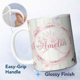 Personalized Custom Name Cute Watercolor Roses Bouquet with Red Ribbon Sage Green Stripe 11oz Ceramic Coffee Tea Mug White Large Handle