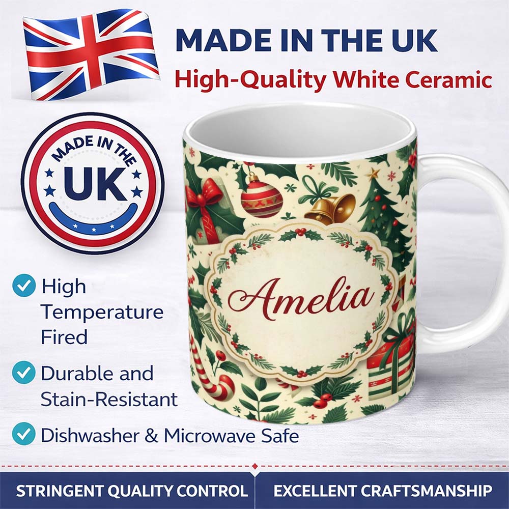 Personalized Custom Name Festive Christmas Stocking Gifts Bells Holly Leaves Seamless Pattern 11oz Ceramic Coffee Tea Mug White Large Handle